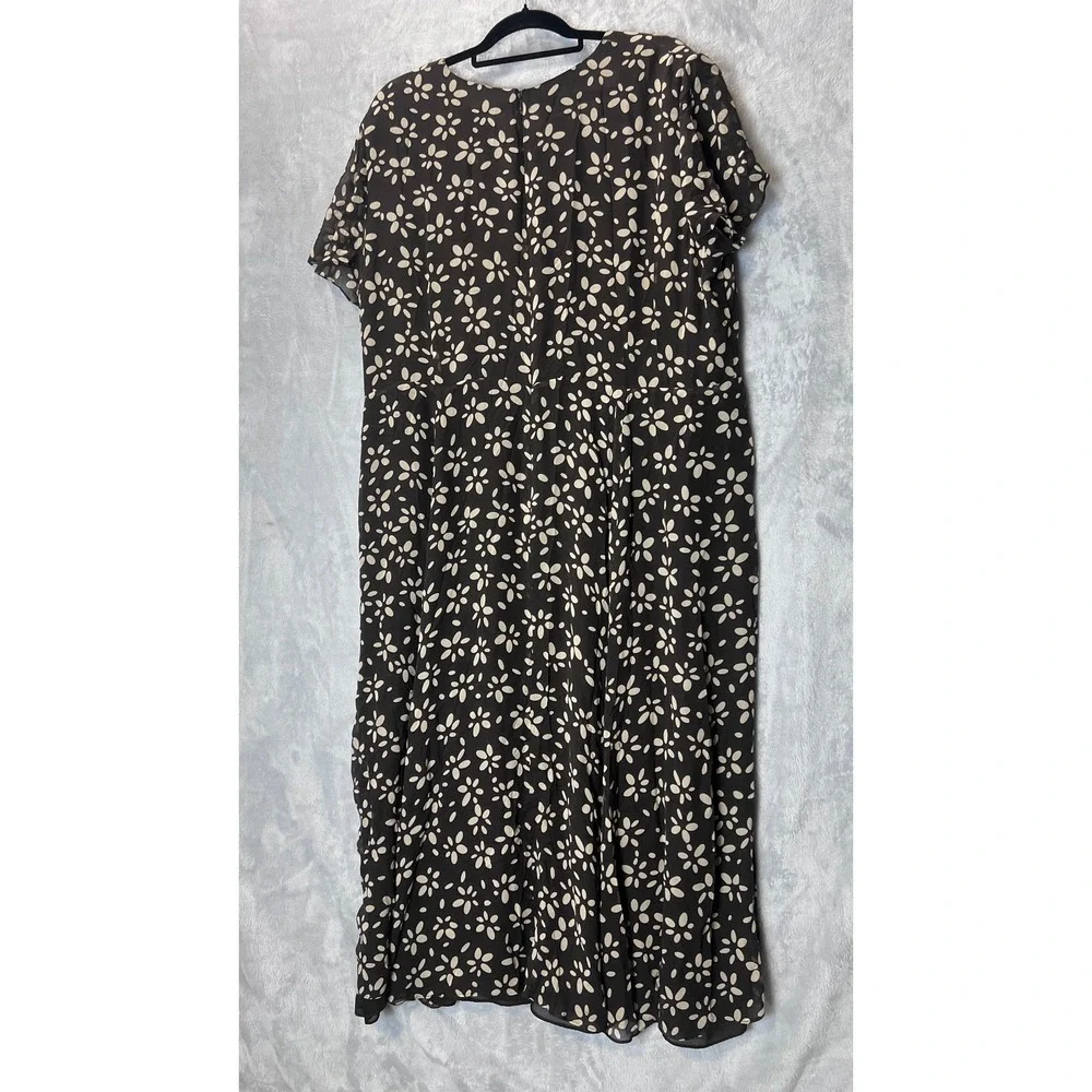 Talbots Dress Woman 20W Pure Silk Floral Midi   V-Neck Short Sleeve Brown